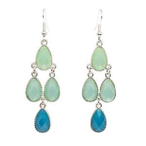 Blue Green Faceted Teardrop Chandelier Silver Tone Dangle Statement Earrings
